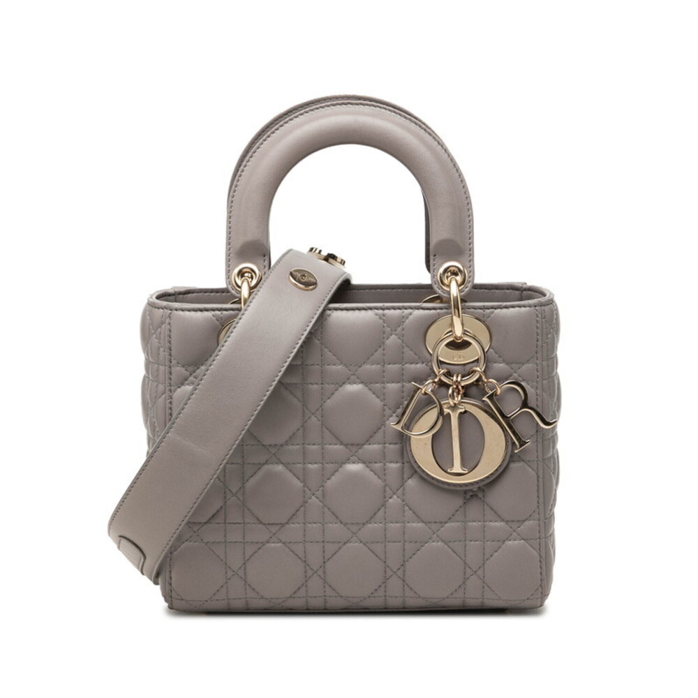 Christian Dior Dior Cannage Lady Small Handbag Shoulder Bag 2-Way Gray Lambsk...